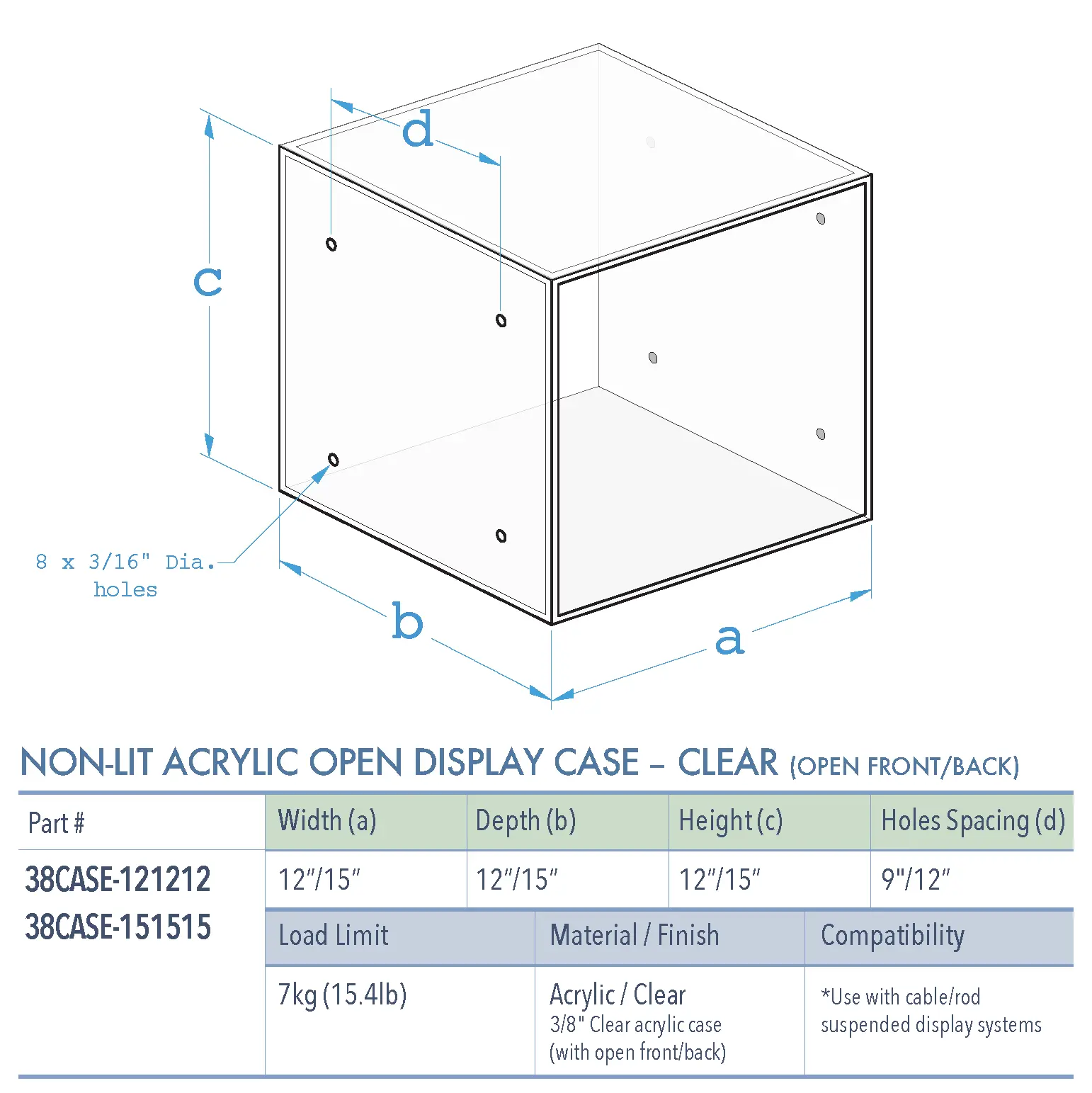 Specifications for 38CASE-CLEAR-OPEN