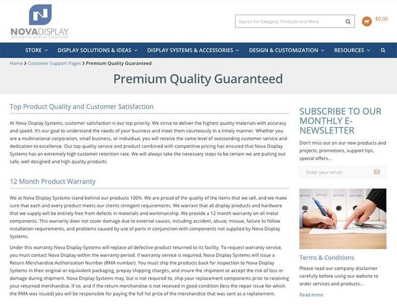 Premium Quality Guarantee Policy Nova Display Systems Store