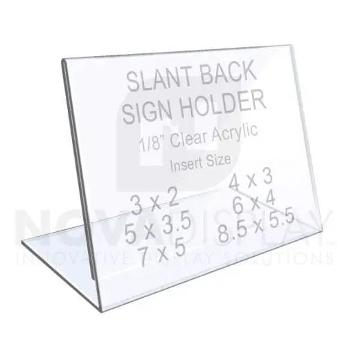 1/8″ Crystal Clear Acrylic Sign Holder / Slant Back Display Easel – Landscape Orientation