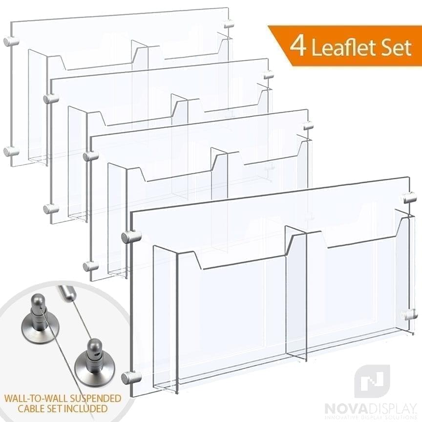 Wall-to-Wall Cable Suspended 1/8″ Clear Acrylic Literature Holder (with 1/4″ Base) – Double Pocket / 4 PCS SET