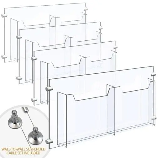 Wall-to-Wall Cable Suspended 1/8″ Clear Acrylic Literature Holder (with 1/4″ Base) – Double Pocket / 4 PCS SET