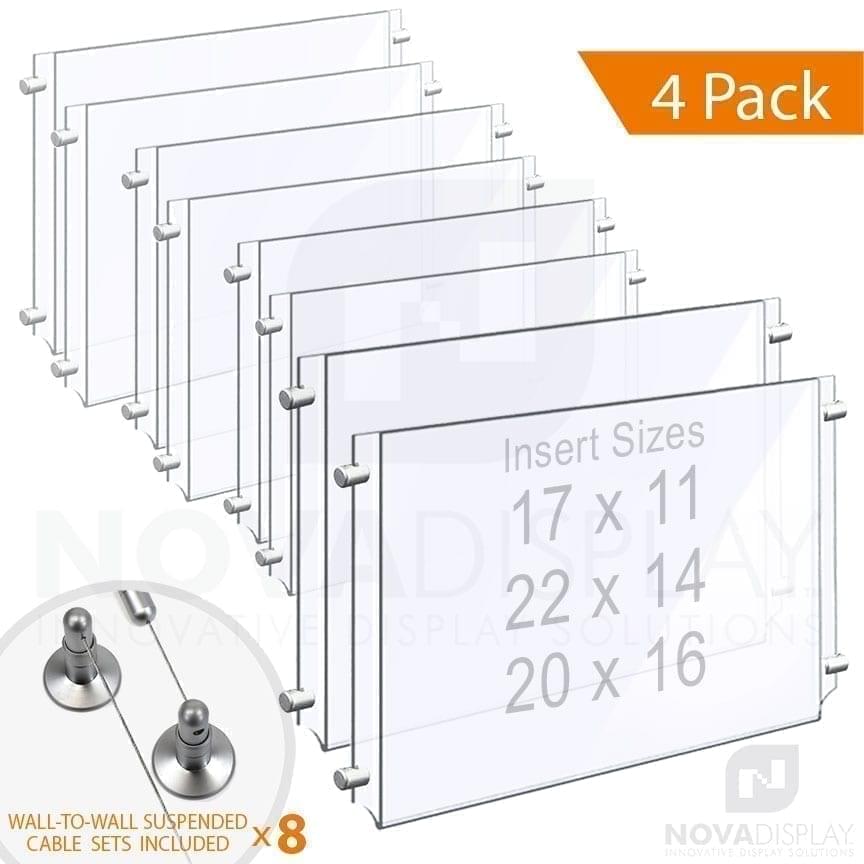 Wall-to-Wall Cable Suspended 1/8″ Clear Acrylic Poster Holder / Landscape Format – Double Pocket