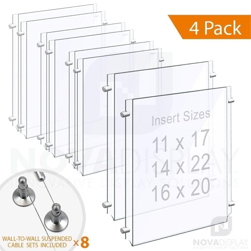 Wall-to-Wall Cable Suspended 1/8″ Clear Acrylic Poster Holder / Portrait Format – Double Pocket