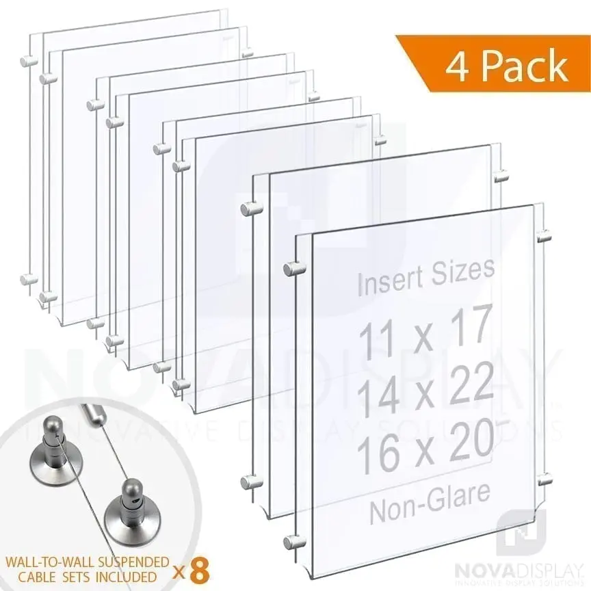 Wall-to-Wall Cable Suspended 1/8″ Non-Glare Acrylic Poster Holder / Portrait Format – Double Pocket