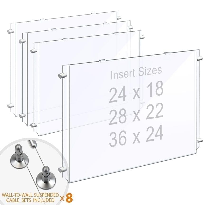 Wall-to-Wall Cable Suspended 1/8″ Clear Acrylic Poster Holder / Landscape Format – Single Pocket