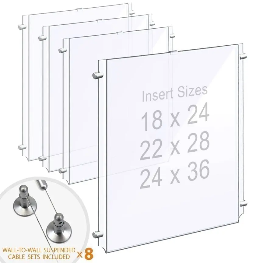 Wall-to-Wall Cable Suspended 1/8″ Clear Acrylic Poster Holder / Portrait Format – Single Pocket
