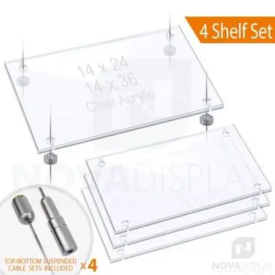 Cable Suspended 3/8″ Thick Acrylic Shelf Display Bundle w/Clear Slotted / Removable Shelves