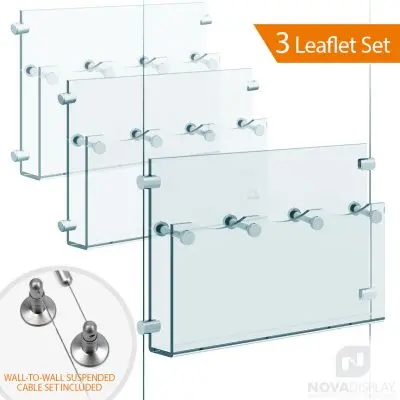 Cable Suspended Acrylic Literature / Brochure Holder – Treble Pocket. Insert Size: 3.5″W x 8.5″H Tri-Fold